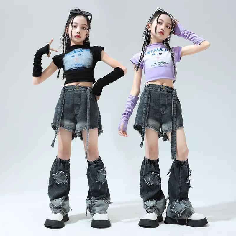 キッズ 女の子 ストリート ダンス セットアップ ジャズ グループ ジーンズ 発表会 ヒップホップ ピンク 白 紫 衣装
