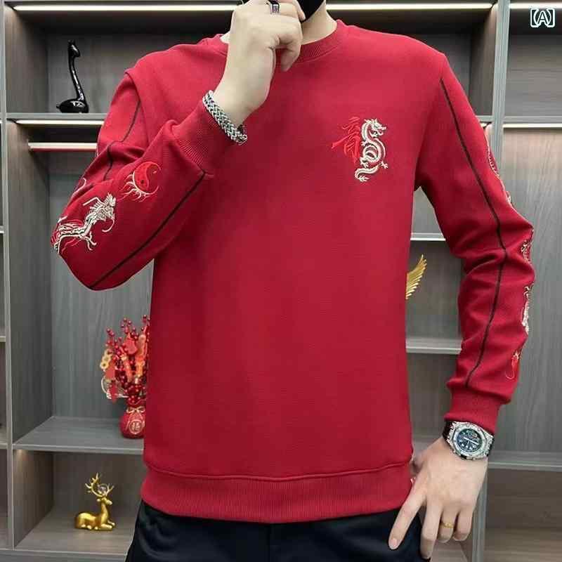 スウェット トレーナー メンズ 刺繍 ドラゴン 龍 プルオーバー トップス カジュアル 長袖 紳士服 中国..