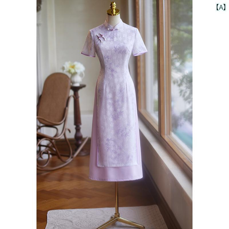 アオザイ チャイナドレス 春夏 中国風 レディース ワンピース ガーリー ティー フラワー 花柄 シフォン パープル