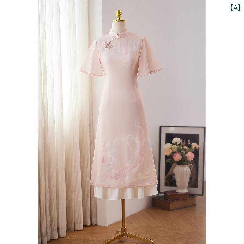 アオザイ チャイナドレス 春夏 中国風 レディース ワンピース エレガント ロング丈 水彩 フェニックス ピンク ブルー