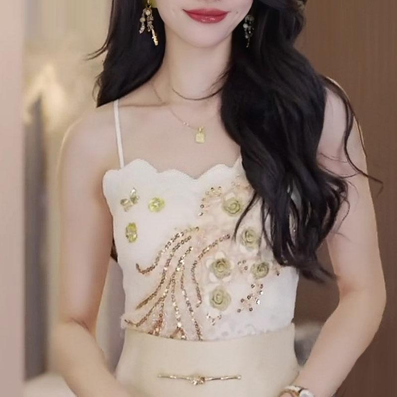 スパンコール キャミソール レディース トップス キラキラ パーティー ダンス 軽量 刺繍 フラワー 胸 パッド内蔵 スリムフィット ベージュ ブラウン