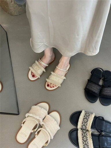 サンダル レディース レトロ 夏 フラット シューズ ローヒール 編組 エスニック フリンジ ブラック ベージュ サンダル レディース レトロ 夏 フラット シューズ ローヒール 編組 エスニック フリンジ ブラック ベージュ