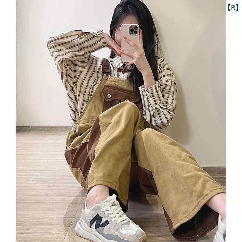 オーバーオール 秋冬 サロペット パンツ つなぎ レディース カジュアル レトロ デニム ストレート クマ ワイド ブルー ブラウン