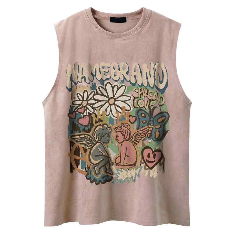 タンクトップ メンズ レディース ノースリーブ トップス おしゃれ ヒップホップ レトロ プリント カップル 夏 アメリカン スポーツ Tシャツ ブラック グレ...