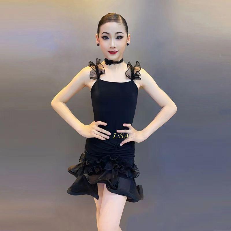 社交ダンス 衣装 キッズ 子供 練習着 ラテン 舞台 ステージ 女の子 ワンピース パフォーマンス フリル レース ブラック