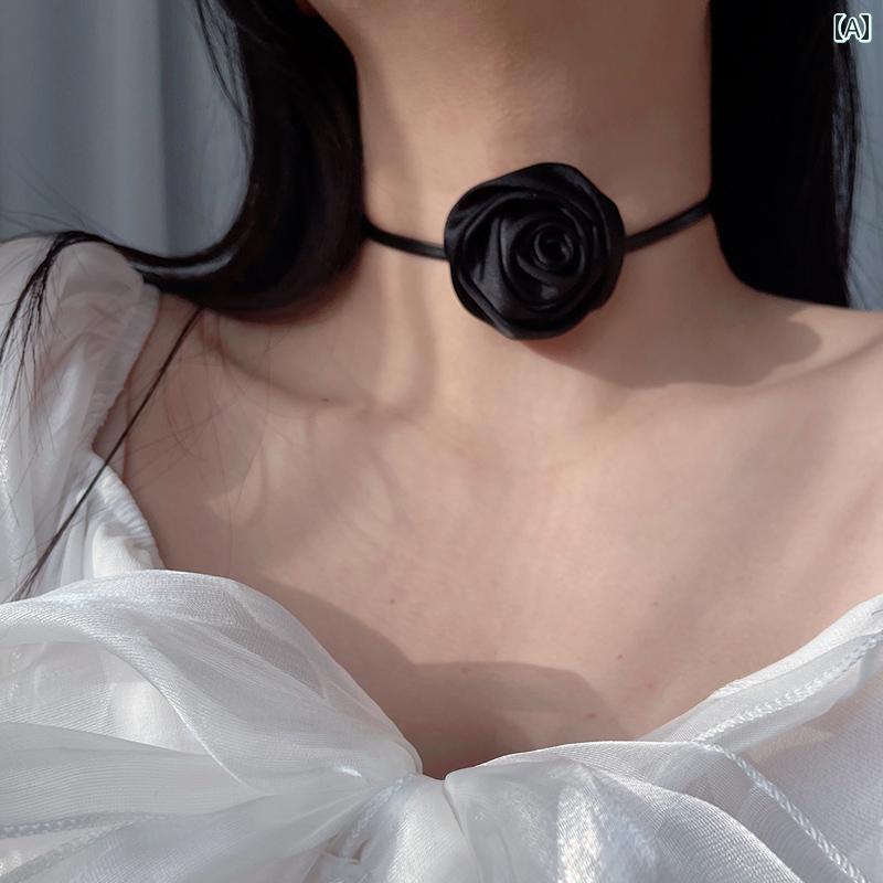 ブライダル ネックレス シンプル スターリングシルバー ローズ フラワーチョーカー レディース 鎖骨 チェーン ブラック ホワイト ピンク