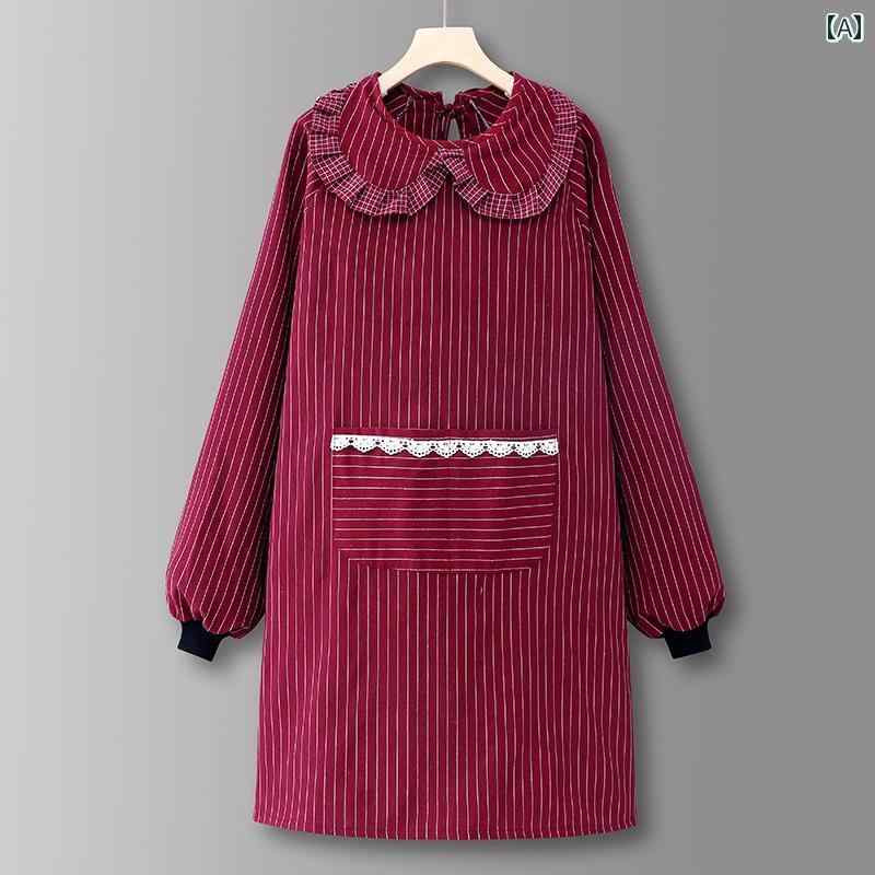 エプロン 保育士 長袖 割烹着 おしゃれ 大人 スモック レディース 綿 キッチン ホーム 冬 作業服 レッド グレー ブラウン ストライプ 花柄
