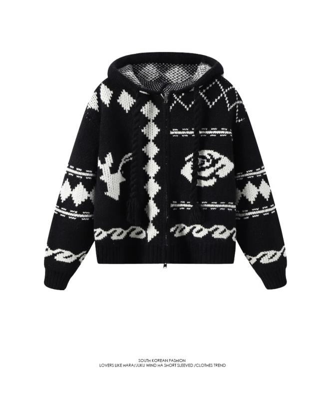 ニット レディース おしゃれ カーディガン カジュアル セーター 韓国 秋冬 トップス ブラック ホワイト フード