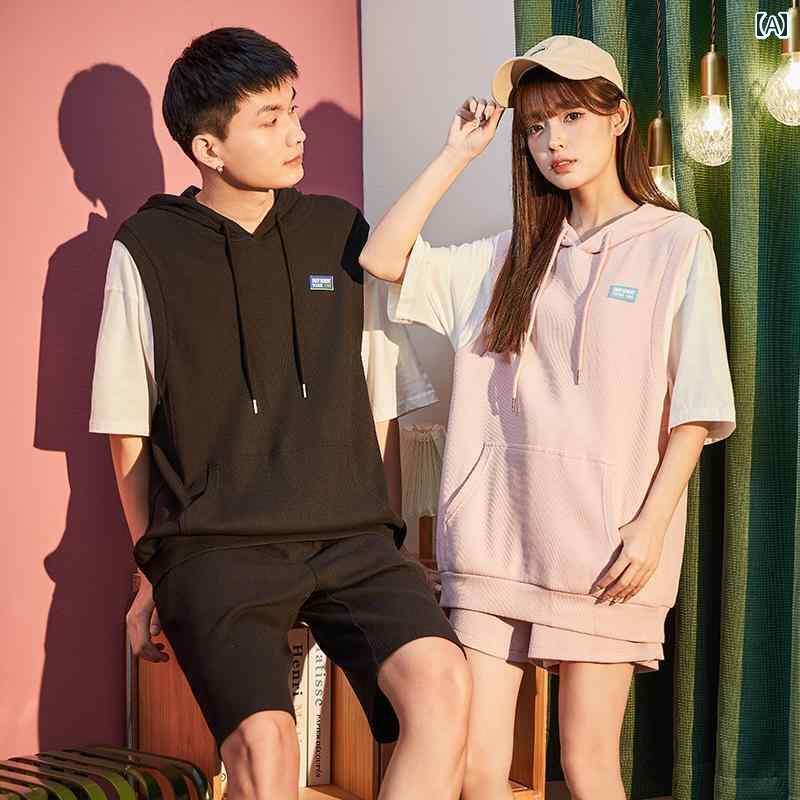 メンズ レディース 半袖 カップル フード付き Tシャツ ワッフル スウェット トップス ブラック グレー ..