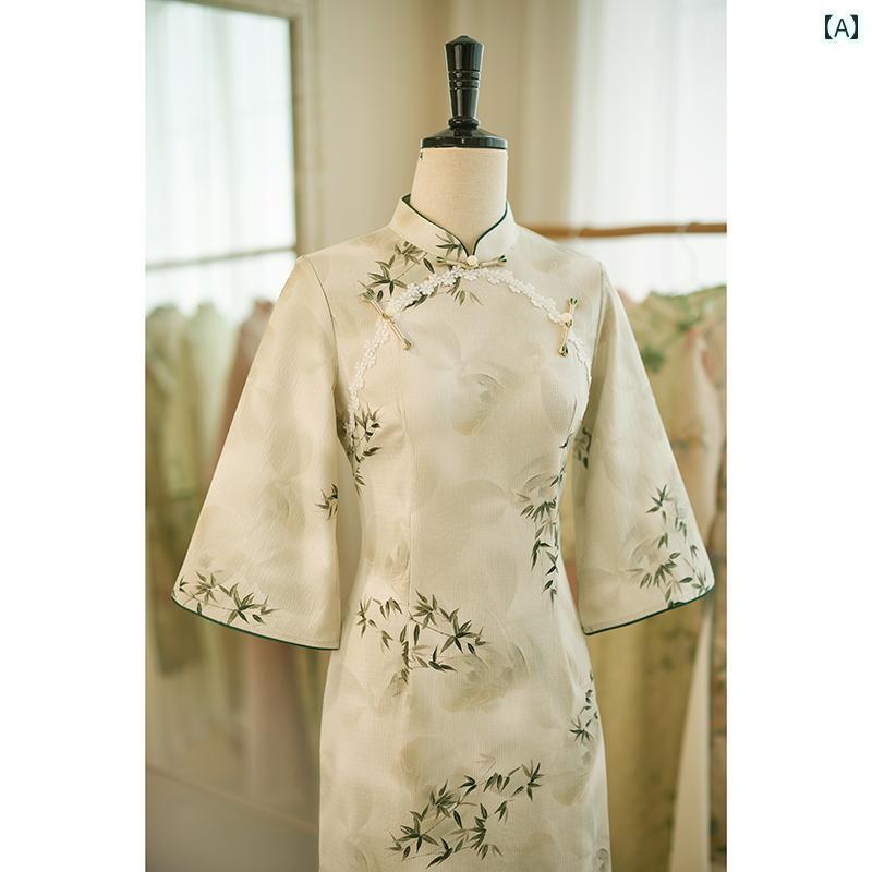 アオザイ チャイナドレス 春夏 中国風 レディース ワンピース エレガント ミドル丈 7分袖 グリーン カーキ