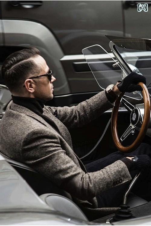 ジャケット メンズ 秋冬 ヘリンボーン 英国 レトロ カレッジ ツイード ウール スリム フィット ダブル スリット ブラウン グレー