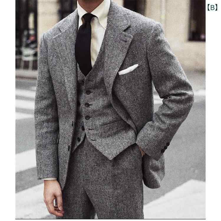 ジャケット メンズ 秋冬 ヘリンボーン 英国 レトロ カレッジ ツイード ウール スリム フィット ダブル スリット ブラウン グレー