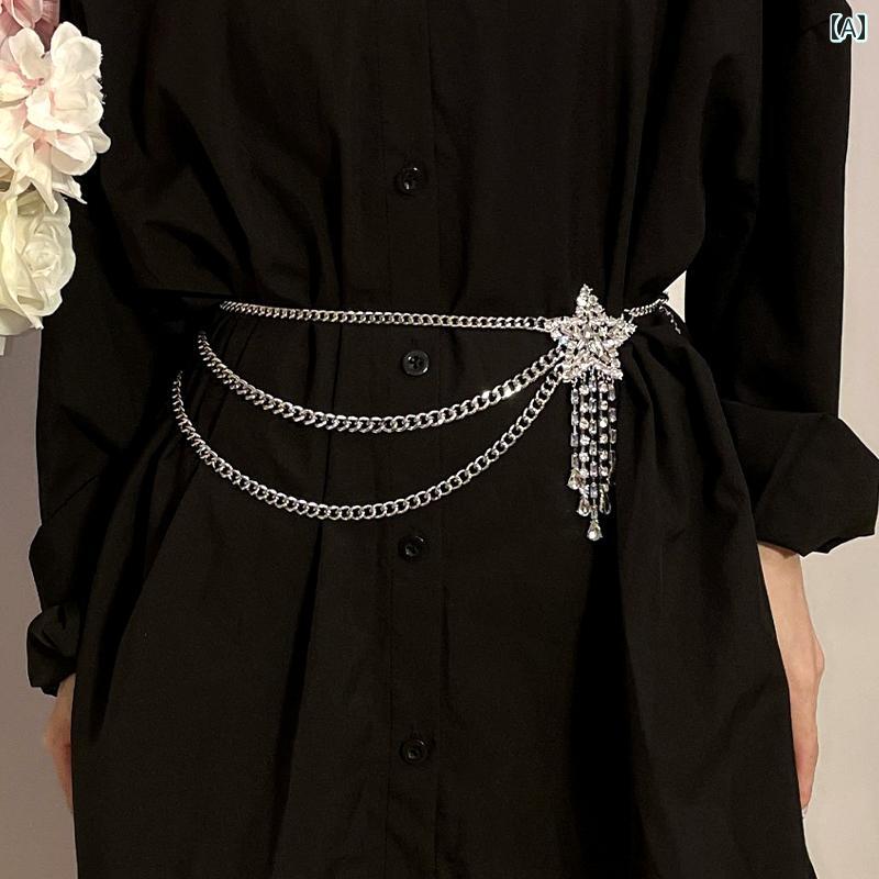 ベルト レディース おしゃれ キラキラ ラインストーン エレガント 五芒星 タッセル ウエスト チェーン ..