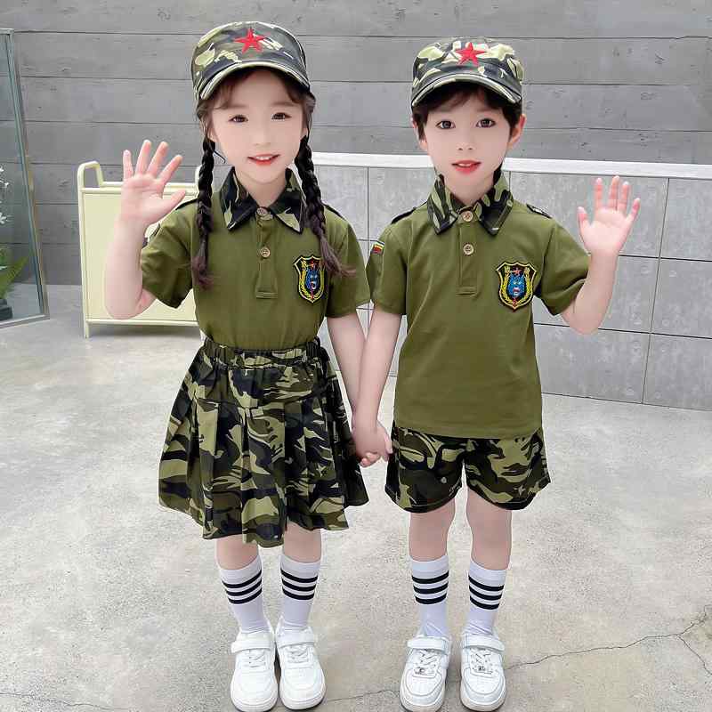 キッズ 男の子 女の子 ストリート ダンス セットアップ 軍服 夏 キャンプ 幼稚園 発表会 カーキ 迷彩 衣装