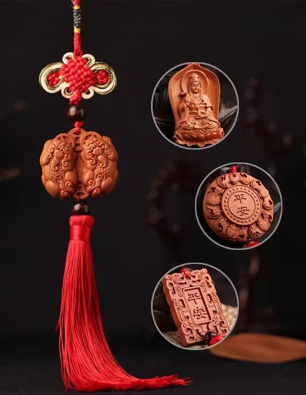 車 ルームミラー アクセサリー 飾り メンズ レディース マホガニー ラッキー 貔貅 中国風 結び インテリア ペンダント レッド