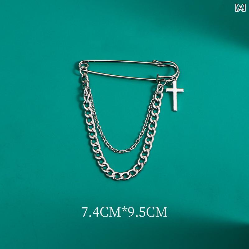 ラベルピン タックピン メンズ チェーン ブローチ スーツ アクセサリー 十字架 スマイル 星 クマ かわいい シルバー