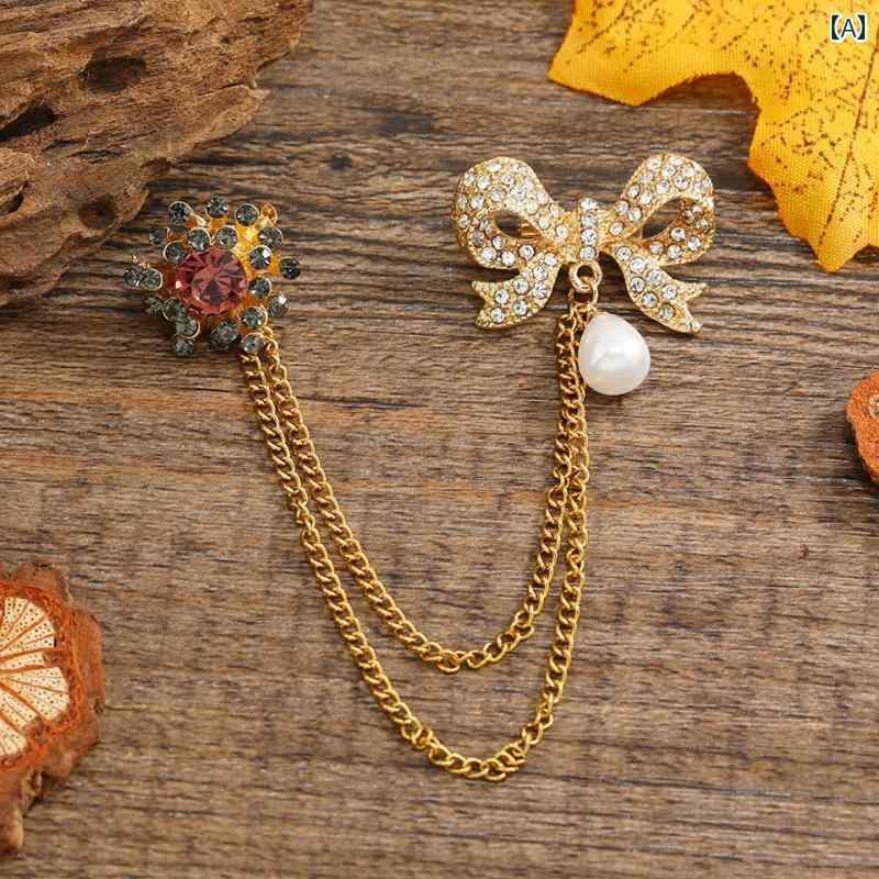 ラベルピン タックピン メンズ レディース チェーン ブローチ スーツ アクセサリー 韓国 リボン かわいい パール ゴールド