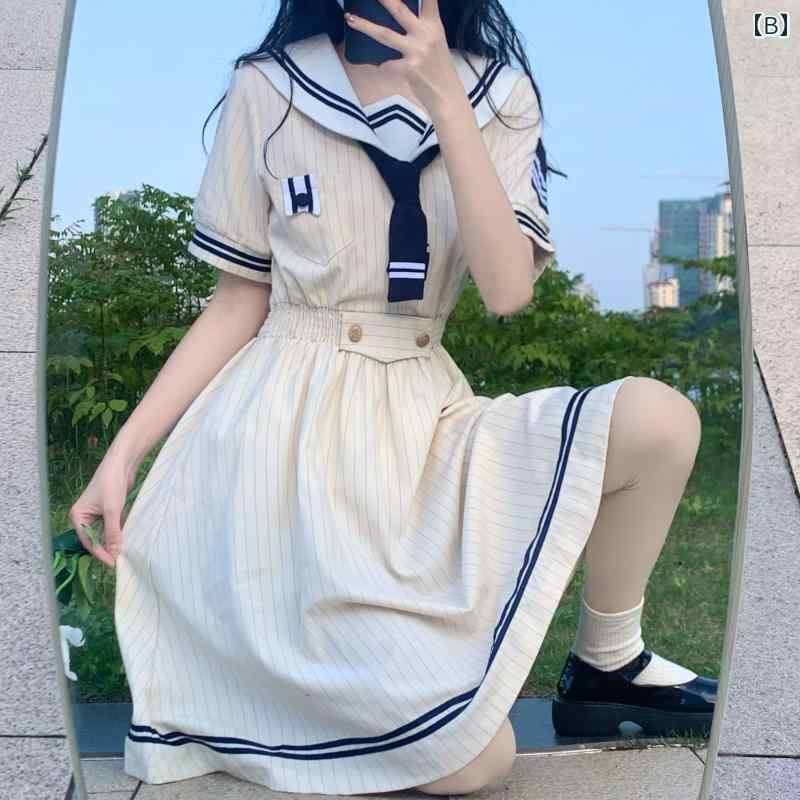 マリーンドレス 海軍 ネイビー風 セーラー服 JK 制服 小さい カレッジ 学生 スーツ 夏 ホワイト グリーン