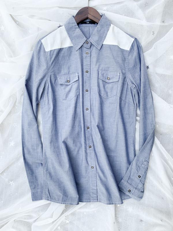 ウエスタンシャツ デニム パッチワーク ポケット スリムフィット オックスフォード 生地 コットン ブルー