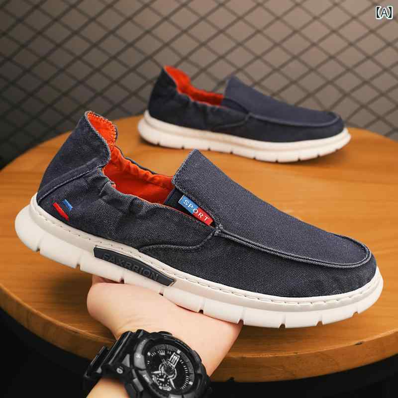 布靴 メンズ スリッポン カジュアル シューズ 歩きやすい かっこいい おしゃれ レジャー 靴 キャンバス 通気性 薄型 ルース スポーツ 仕事 青 緑 黒