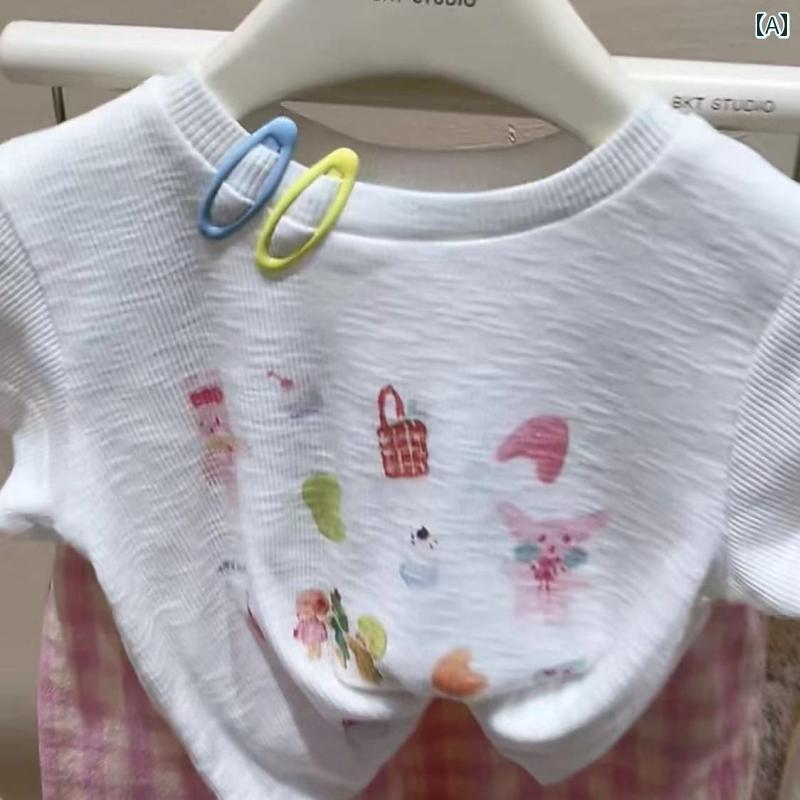 ベビー服 セットアップ 夏 薄手 子供 女の子 スーツ パンツ 半袖 かわいい チェック柄 2点 ホワイト ピンク