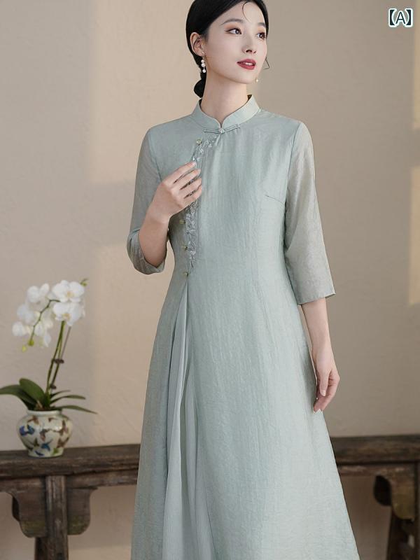 アオザイ チャイナドレス レディース 茶 アーティスト 服 漢 禅 中国風 7分袖 グリーン ホワイト ベージュ