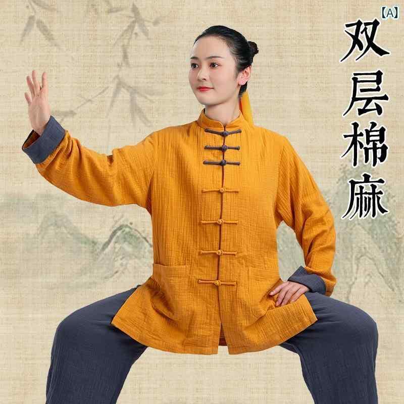 太極拳 服 レディース メンズ カンフー 武術 ウェア トレーニング 練習 秋冬 厚手 リネン イエロー グレー スーツ