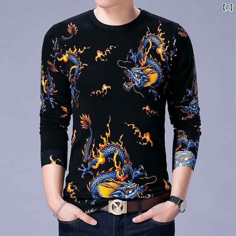 tシャツ かっこいい 花 タトゥー ドラゴン 長袖 韓国語 セーター ウール ボトム ファッション ラウンド..