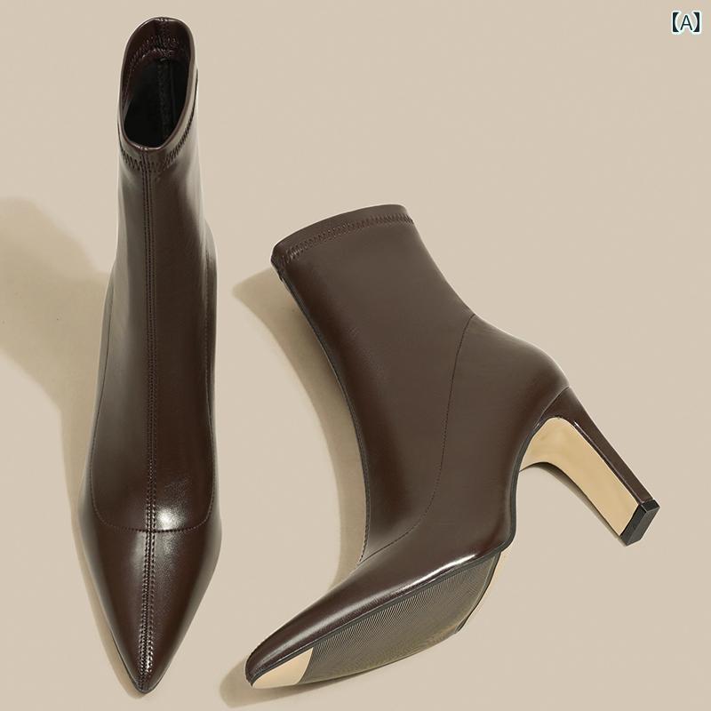 ショート ブーツ レディース おしゃれ レトロ ハイヒール 伸縮性 秋冬 革 レザー ブラウン ホワイト ブ..