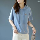 パーカー レディース 半袖 トップス フード付き 刺繍 薄手 コットン 夏 カジュアル 韓国 ブルー