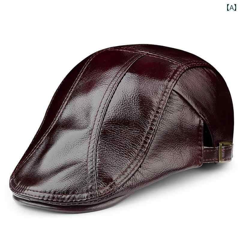 ハンチング レザー メンズ 紳士 帽子 カジュアル 大きいサイズ 革 ベレー 暖かい 秋冬 ワインレッド ブ..