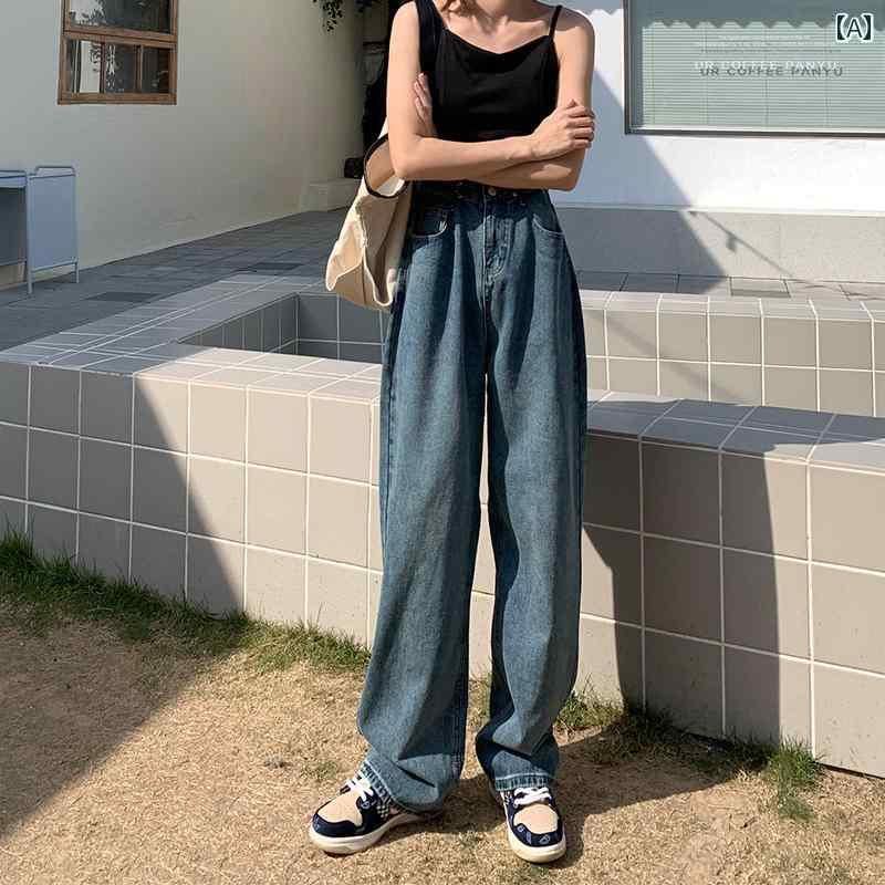 デニムパンツ レディース ダメージ ジーンズ クラッシュ ボトムス ハイウエスト ワイドパンツ 春 レトロ カジュアル 韓国 ブルー ホワイト