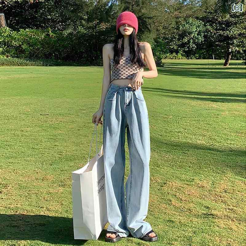 デニムパンツ レディース ダメージ ジーンズ クラッシュ ボトムス ハイウエスト ワイドパンツ 春 レトロ カジュアル 韓国 ブルー ホワイト