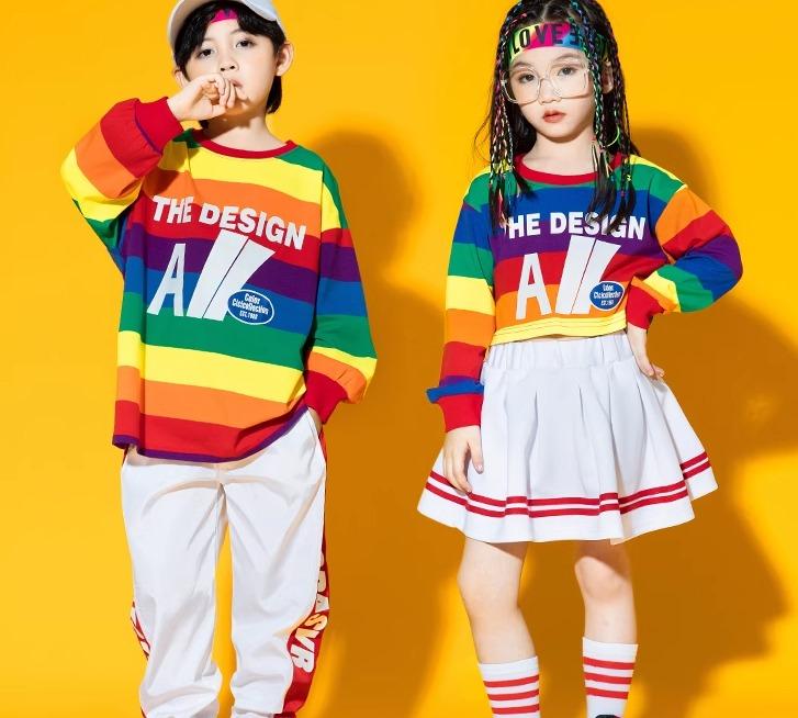キッズ 男の子 女の子 ストリート ダンス セットアップ 発表会 コスチューム レインボー スウェット 衣装 運動会 クラス ユニフォーム チアリーディング
