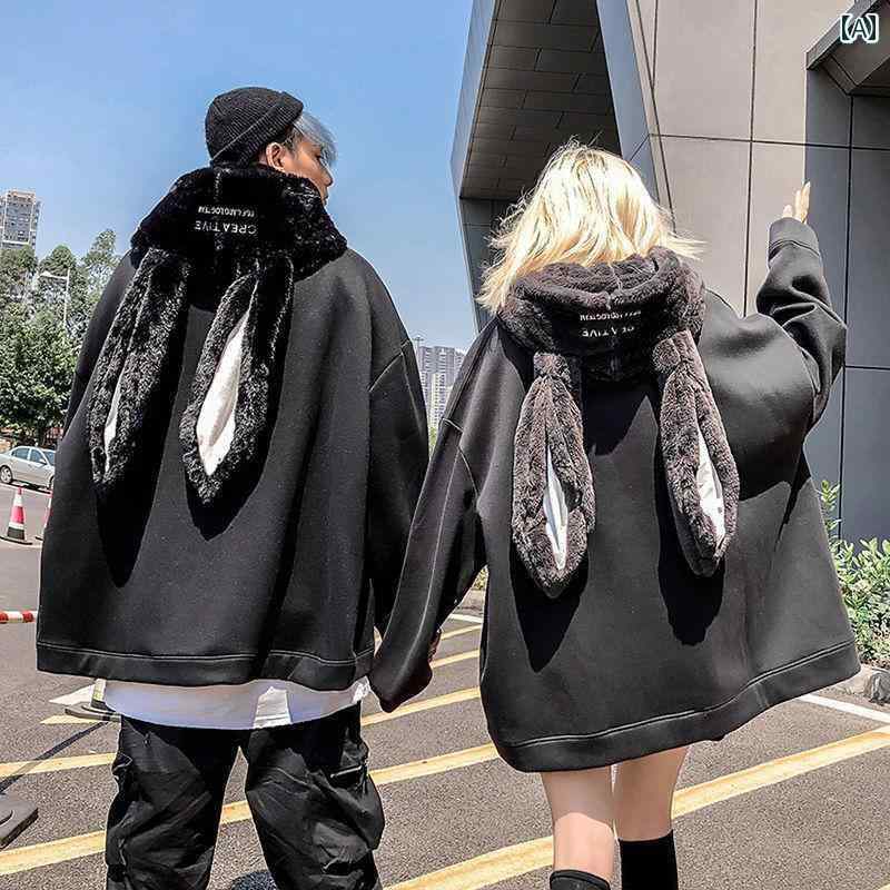 うさ耳 パーカー レディース 大きいサイズ かわいい 秋冬 カジュアル ファッション ストリート ヒップホップ カップル スウェット 黒 グレー ホワイト