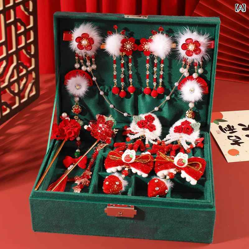 ジュエリーボックス 子供 ヘアアクセサリー アンティーク セット ギフト ボックス 誕生日 プレゼント レッド グリーン