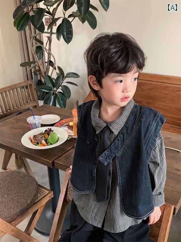 デニム ベスト キッズ 男の子 子供服 ノースリーブ ジャケット Gジャン 春 シンプル チョッキ カーディガン ブラック 韓国