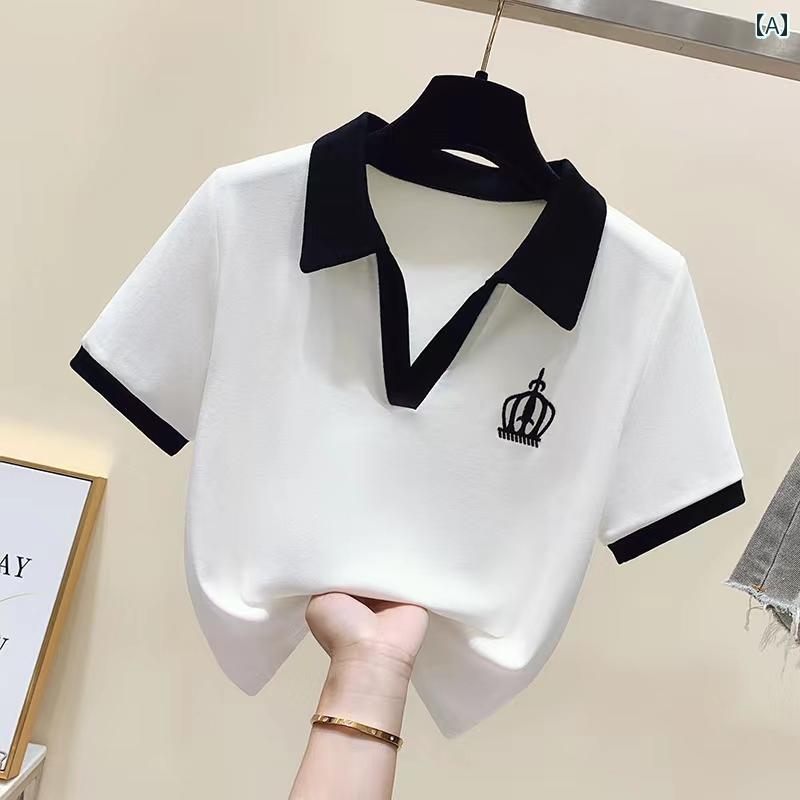 ポロシャツ レディース 夏 韓国 Vネック 綿 半袖 Tシャツ 小さい トップスイン スリムフィット ホワイト グレー