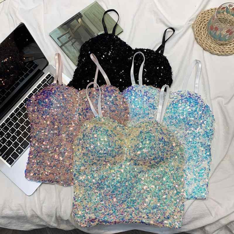 スパンコール キャミソール レディース トップス キラキラ パーティー ダンス 夏 スリムフィット ベース レイヤー 胸パッド付 ブラック ピンク