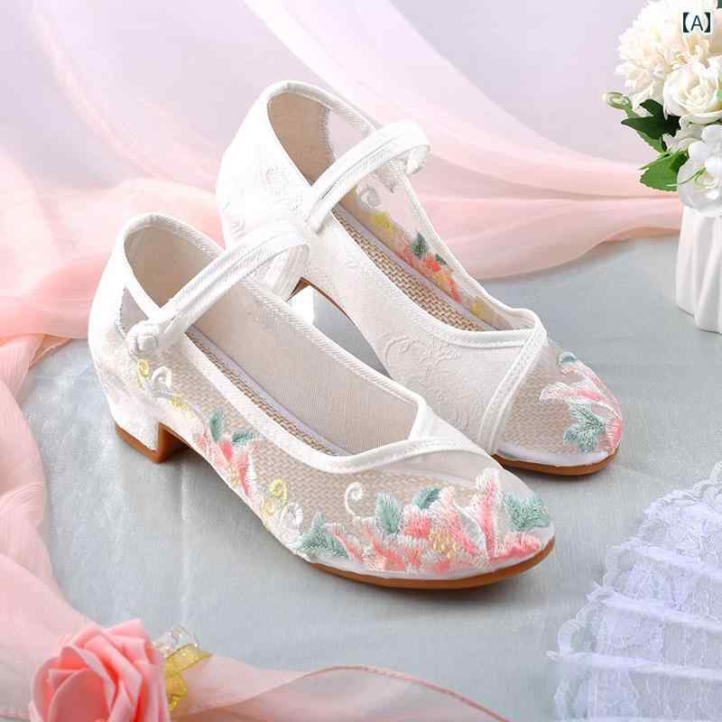 春秋 サンダル レディース 刺繍 ハイヒール メッシュ 中国風 レトロ シューズ 花 ホワイト ピンク