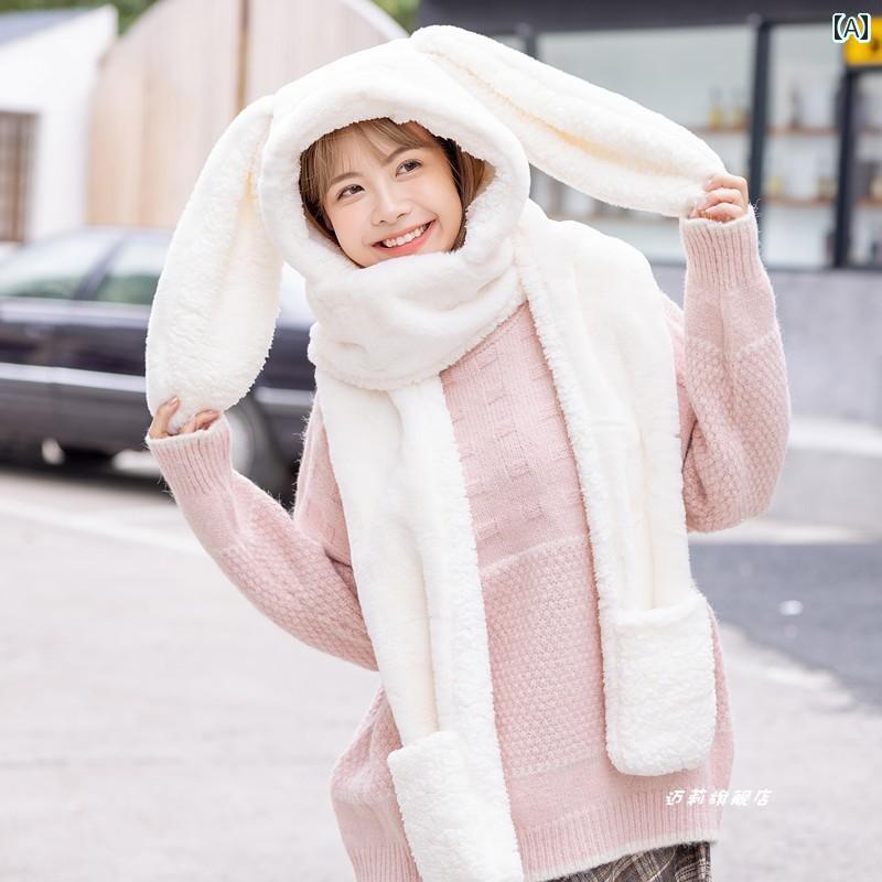 うさ耳 帽子 レディース かわいい おしゃれ 秋冬 厚手 暖かい 手袋 フード ネック マフラー ホワイト ブルー ベージュ