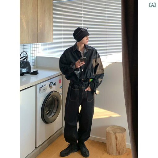 オーバーオール サロペット パンツ つなぎ メンズ カジュアル デニム ジャンプスーツ 長袖 春秋 アメリカン レトロ 黒 青 オーバーオール サロペット パンツ つなぎ メンズ カジュアル デニム ジャンプスーツ 長袖 春秋 アメリカン レトロ 黒 青