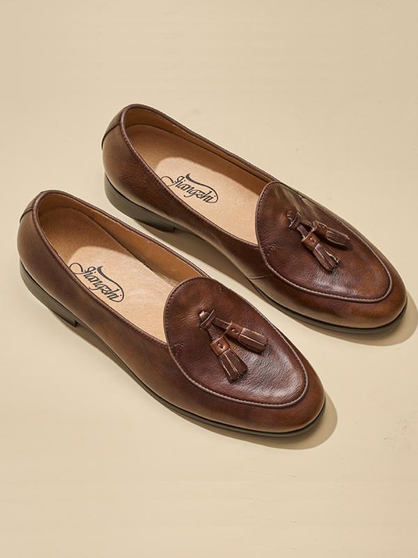 ローファー メンズ 紳士靴 シューズ フリンジ タッセル おしゃれ エレガント ブリティッシュ カジュアル 革靴 スリッポン ポインテッドトゥ ブラウン ブラック