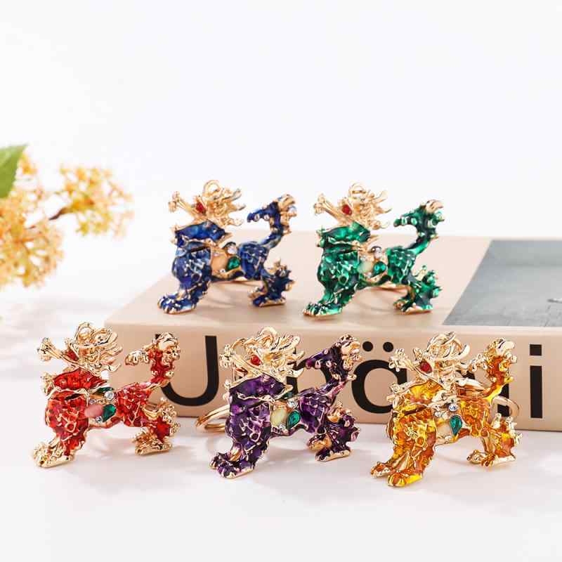 キーホルダー レトロ おしゃれ 中国風 キリン ラインストーン ギフト バッグ アクセサリー 車 キーリング レッド ゴールド パープル