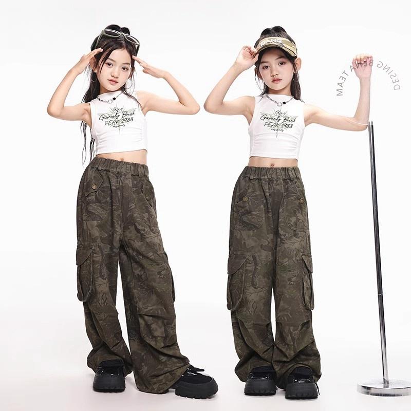 キッズ 女の子 ストリート ダンス セットアップ ジャズ 衣装 韓国 へそ出し 甘辛 ヒップホップ 夏 白 カーキ 迷彩