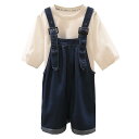 デニム オーバーオール ベビー キッズ サロペット 子供服 女の子 サマー スーツ 洋風 カジュアル Tシャツ ショート パンツ 2点 セット ブルー