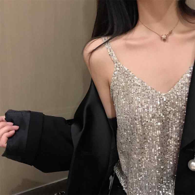 スパンコール キャミソール レディース トップス キラキラ パーティー ダンス 韓国 夏 サスペンダー インナーウェア スリム Vネック ベスト シルバー