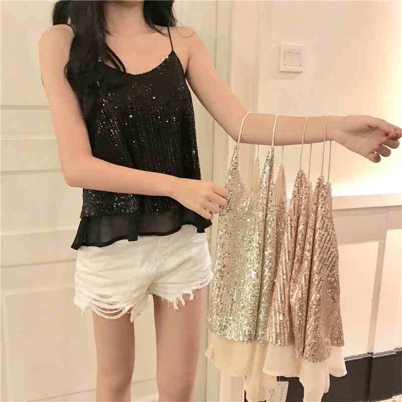 スパンコール キャミソール レディース トップス キラキラ パーティー ダンス 夏 大きいサイズ Vネック ゆったり アウターノースリーブ ブラック ベージュ
