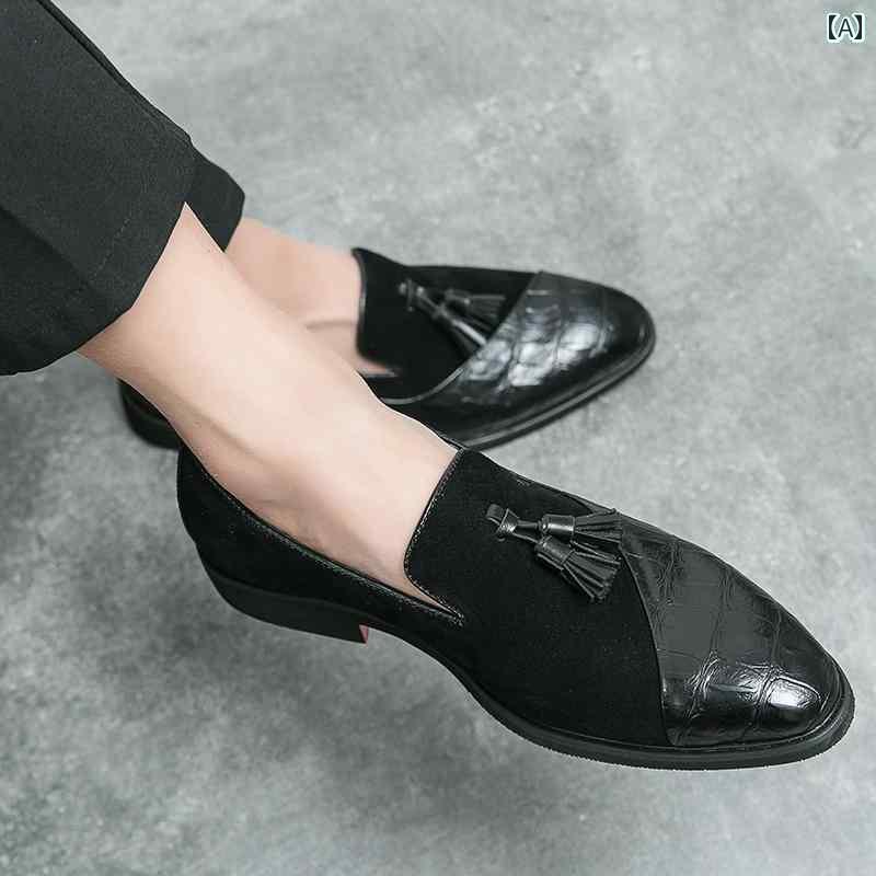 ローファー メンズ 紳士靴 シューズ フリンジ タッセル おしゃれ 夏 通気性 レザー 英国 スリッポン ブラック ブラウン ブルー