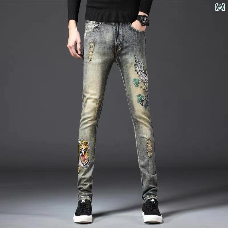 パンツ メンズ ボトムス エスニック 刺繍 ジーンズ タイト 伸縮性 カジュアル ファッション ウォッシュド イエロー